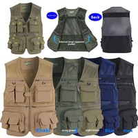Gilet de randonnée et de pêche pour homme, fin, respirant, à séchage rapide, en maille, avec fermeture éclair, multi-poches, col en V, uni, sans repassage, idéal printemps-été, grandes tailles