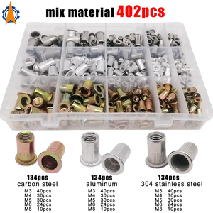 1กล่อง402ชิ้น M6 M5 M4 M3ชุด M8จัดประเภทผสม304 A2-70สแตนเลสสตีลคาร์บอนอลูมิเนียมหัวแบนหมุดย้ำน็อต - Product Image 2