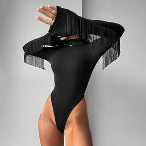 Mono de punto de manga larga con cuello alto y borlas, color sólido, ajuste ceñido, estilo casual deportivo y versátil. - Product Image 2