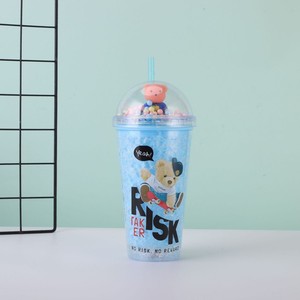 450ml No Risk No Reward Slogan Bear Printed <b>Plastic</b> Tumbler Double Wall Design with <b>Straw</b> Pom Pom Filled Dome Lid - Product Image 2