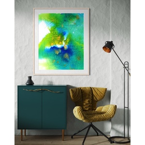 Ink <b>Art</b> <b>Canvas</b> <b>Wall</b> Hanging Of Blue Green <b>Abstract</b> For Contemporary <b>Wall</b> <b>Art</b> And Artistic Interior Flair - Product Image 2