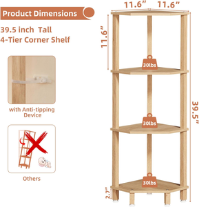 4 Tier Freestanding Wooden <strong>Corner</strong> Bookshelf Natural Tone <strong>Storage</strong> Shelf <strong>Unit</strong> for Bathroom Bedroom Small Spaces - Product Image 3