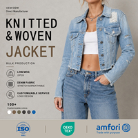 Suministro al por mayor de chaquetas vaqueras desgastadas para mujer, chaquetas vaqueras de lavado claro, chaquetas vaqueras cortas con detalles rasgados para minoristas