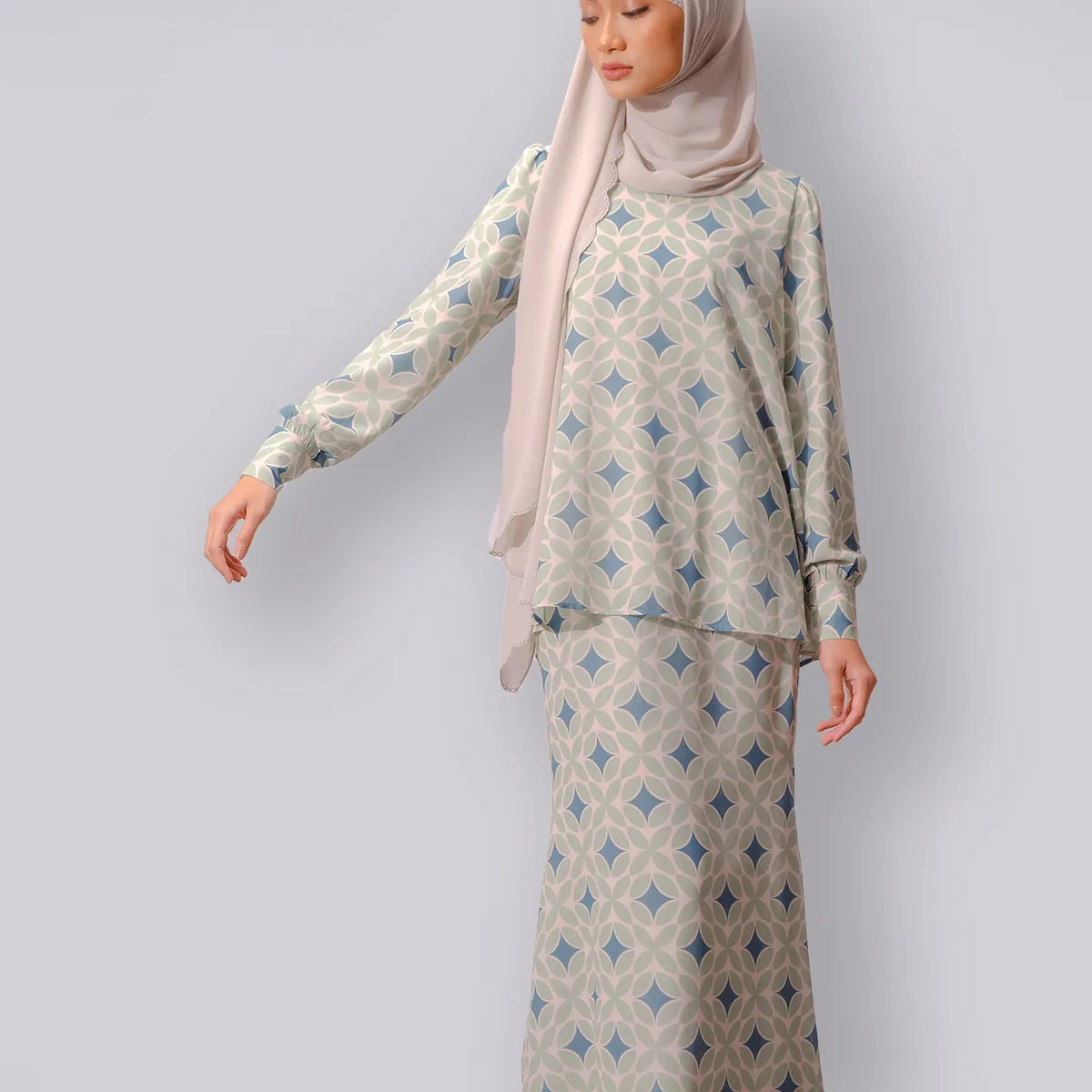 Set Blus Motif Kustom Rok Como Crepe Malaysia Muslim Tudung Wanita Baju Kurung untuk Gamis Terbaru