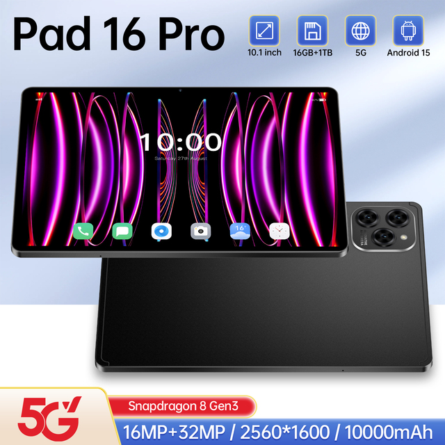 Jiaxin 5G Network Tablet PC-Pad 16 Pro Android 15 10.1" 2560*1600 Touch Unlocked 16+1TB Fingerprint GPS 16MP+32MP Dual SIM Dual