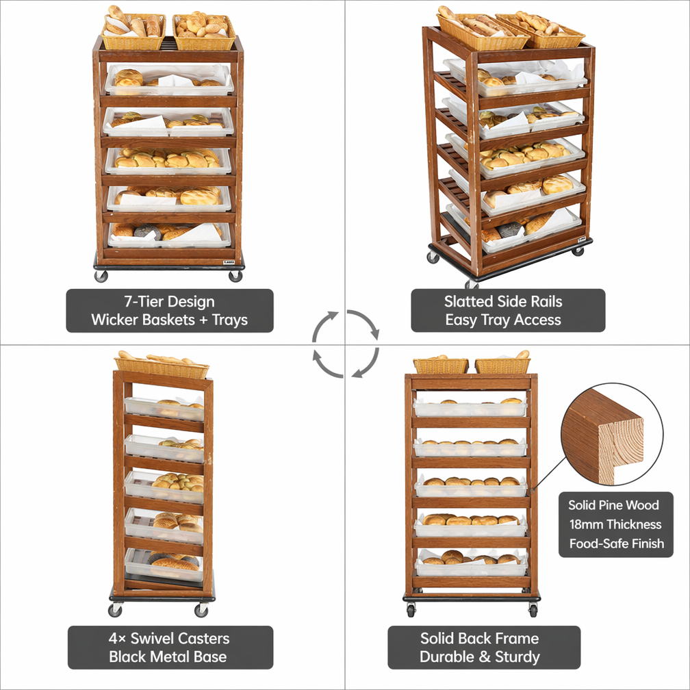 Custom 6-Tier Wooden Rolling Bakery Display Rack Bread Pastry Cart with Wicker Baskets 4 Swivel Casters for Bakery Cafe Hotel — view 3