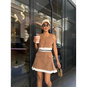 Beige Striped Vest and Tennis Skirt Set Casual Daily Cardigan and Top Long Solid <b>Print</b> Fabric Viscose <b>Material</b> - Product Image 5