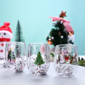 High borosilicate glasses green christmas tree star glass cup Double Wall Glass cup Insulated Coffee Mug for christmas gift