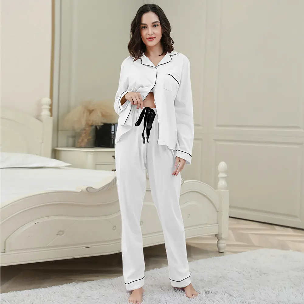 Women clothing high quality woven long sleeve cotton pajamas Sets 2 Piece Luxury Pjs Pyjama For Woman Set