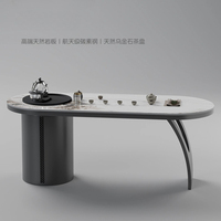Ensemble de table basse ronde en pierre frittée, table basse avec cadre en acier au carbone courbé et tabourets rembourrés pour salon et réception