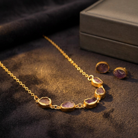 Ensemble collier et boucles d'oreilles en améthyste plaqué or bohème pour femmes, avec détails de chaîne à maillons faits à la main, bijoux statement pour mariage