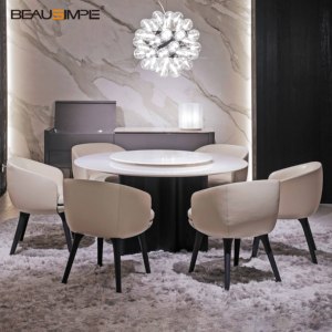 Table à manger élégante en marbre naturel, série Lou et support en chêne teinté noir, parfaite pour les villas de luxe et les salles à manger modernes - Product Image 1