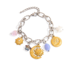 Pulsera de Moda con Dijes, Tono Plateado y Dorado, Colgante de Sol, Luna, Corazón, Estrella y Flor, Accesorio de Joyería Unisex - Product Image 5