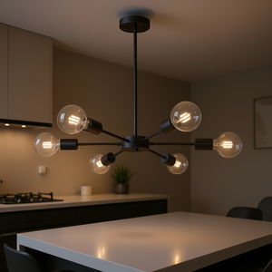 Lustre Sputnik moderne à 6 lumières en fer noir mat pour îlot de cuisine, salle à manger, hall d'entrée - Product Image 2