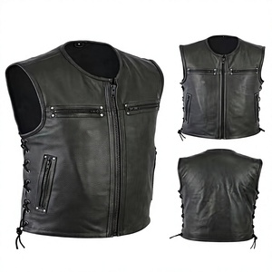 Chaleco sin mangas de cuero negro para hombre con bolsillos con cremallera, cordones laterales, estilo motociclista, patchwork, para todas las estaciones, marca Guruna - Product Image 1