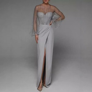 Vestido de noche para mujer, manga larga, con cuentas de perlas, escote corazón, abertura lateral, gris, poliéster, vestido formal de fiesta - Product Image 4