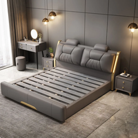 Lit double en bois réglable au design luxueux avec revêtement en cuir, cadre de lit plateforme moderne avec rangement, taille Queen