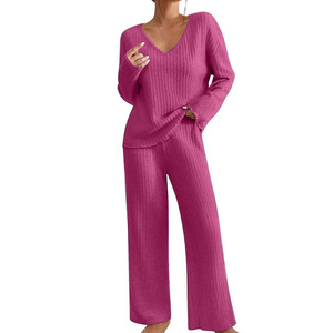Conjunto de Dos Piezas de Punto Informal para Mujer, Atuendo Otoñal Relajado, Top de Manga Larga con Cuello en V, Pantalones Anchos, Conjunto Combinado para Vacaciones - Product Image 1