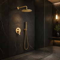 Ensemble de douche doré mural avec pommeau pluie, douchette à main, finition brossée, mitigeur, inverseur, flexible en spirale sans plomb