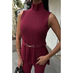 Vestido de punto acanalado rosa con cuello alto, asimétrico, holgado, transpirable, para uso diario informal - Product Image 5