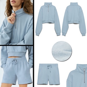 Completo sportivo da donna <span class=keywords><strong>felpa</strong></span> con Logo personalizzato da donna Cozy Fleece Cropped 1/4 Zip Short <span class=keywords><strong>Set</strong></span> donna donna 2 pezzi outfit - Product Image 5