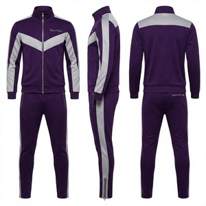 Ensemble de survêtement gris violet à blocs de couleur, manches longues, fermeture éclair frontale, logo, style sportif décontracté, vêtement d'automne, coupe régulière, pantalon de jogging - Product Image 1