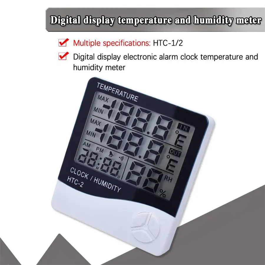 एलसीडी इलेक्ट्रॉनिक डिजिटल तापमान आर्द्रता मीटर थर्मामीटर हाइग्रोमीटर इनडोर आउटडोर मौसम स्टेशन घड़ी एचटीसी-1 एचटीसी-2