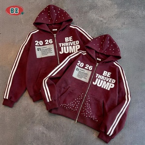 Rhinestone Zip up <strong>Hoodie</strong> <strong>Men</strong> 400GSM Heavyweight <strong>Burgundy</strong> Vintage Red Stripe Tracksuit Fall Winter Custom Streetwear OEM - Product Image 1