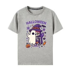 T-shirt tricoté à manches courtes col rond motif dessin animé Halloween (Fantôme, Citrouille) 100% Coton Respirant pour Hommes et Femmes - Product Image 3