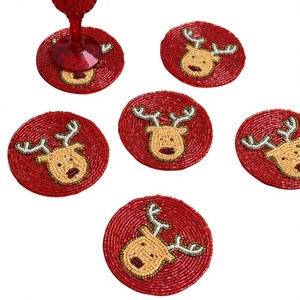 Sous-verres et sets de table antidérapants en polyester et coton rouge, motif renne de Noël bohème, 300 mm de diamètre, 3 mm, écologiques, faits à la main, pour boissons - Product Image 1