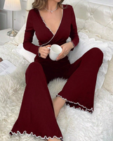 Nouveauté : Ensemble de pyjama confortable en gris, haut à col en V à manches longues et pantalon évasé, vêtements de nuit pour femmes, ensemble de vêtements de détente