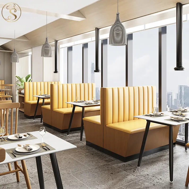 Restaurant leather booth seating restaurant tables and chairs yellow wooden furniture leisure cafe wooden sofa chair