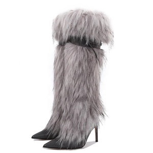 Custom Plush Women High Heels Fur <b>Long</b> Booties Metal Chain on Fluffy Knee High Boots Winter Furry Snow Shoes - Product Image 3