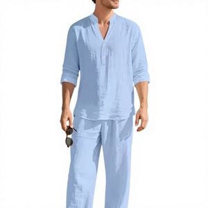 Ensemble 2 pièces décontracté homme en coton et lin, col montant, demi-ouvert, coupe ample, respirant, haut à manches longues et pantalon long, idéal été - Product Image 5