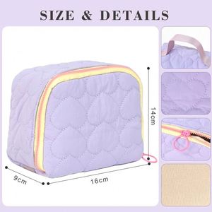 Cute Quilted Heart Jute <b>Makeup</b> <b>Bag</b> <b>Large</b> Capacity Travel Cosmetic Organizer Handle Kawaii Colorful Strap Toiletry Storage Pouch - Product Image 2