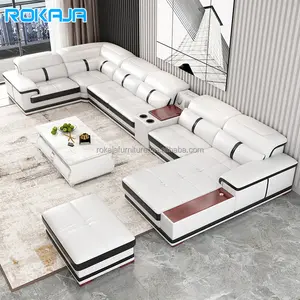 Sofa ukuran besar, desain Modern Sofa multifungsi, kulit mewah bentuk U, Sofa ukuran besar, sudut ruang tamu dengan speaker