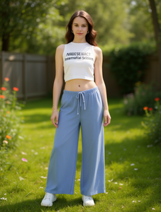 Pantalon large taille haute coupe ample longueur totale 100% coton tricoté décontracté été couleur unie avec cordon de serrage - Product Image 2