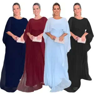 Moda de verano color sólido liso plisado gasa recto largo Maxi vestido de noche mujer gasa chal vestido