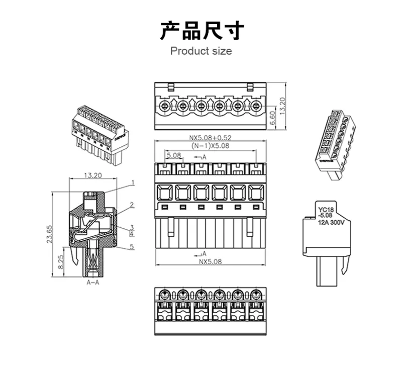 Derks YC180-508 2-24P 5,08 mm Steigung 2-24 Stangen Stecker-Endblock elektrische Steckplug-Stickverbinder für PCB-Endsteckblöcke