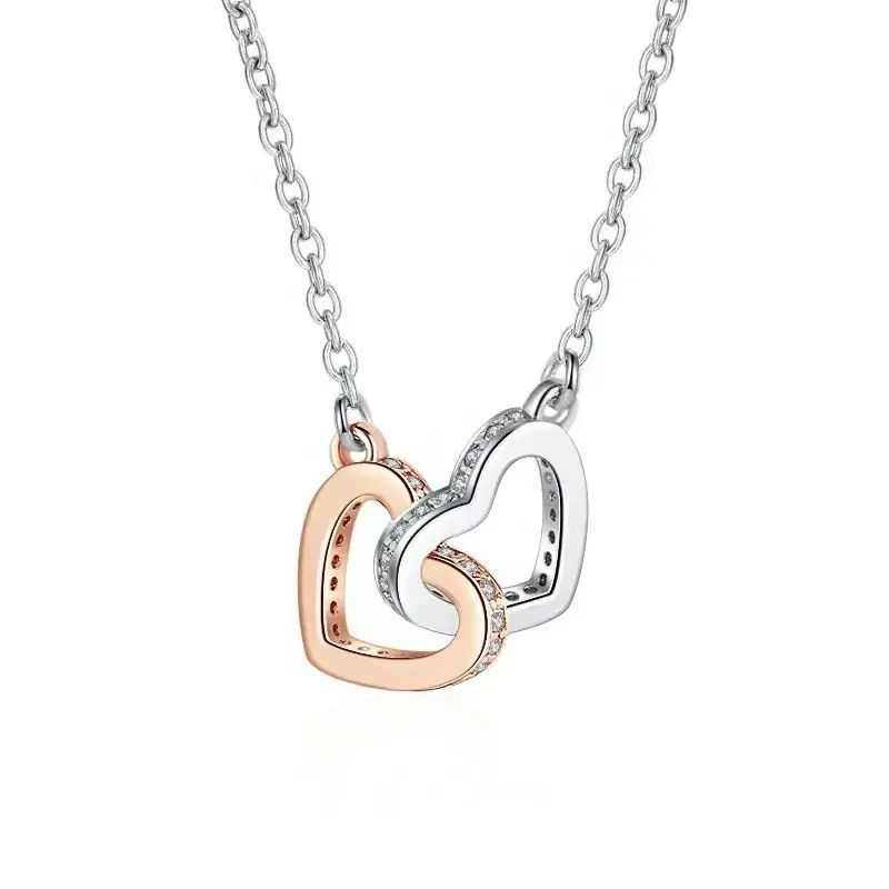 Nuevo collar de corazón de circón doble corazón 925 collar de plata para mujer collar de corazón entrelazado para regalo del Día de San Valentín