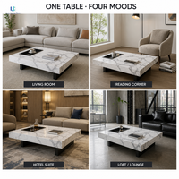 Table basse en marbre Statuario Luca Pure |   Plateau de table carré en pierre veinée blanc-gris avec plateau noir intégré, décoration moderne de luxe pour maison et villa