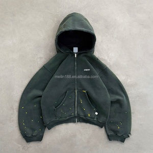 Blank Plain 420 Gsm Hoodies Manufacturer Custom Oversized Heavyweight Wash Ink Splashes <b>Cropped</b> <b>Zip</b> <b>up</b> Hoodie Men High Quality - Product Image 1
