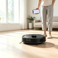 Robot Vacuum Cleaner Pintar Hitam Tahan Lama, Dikendalikan Aplikasi, Filter HEPA, Motor Tanpa Sikat, Pembuangan Kotoran Otomatis, Pengepelan Sonik