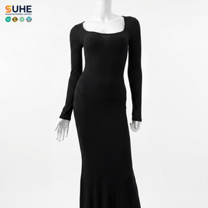 Robe longue moulante de luxe SUHE DR-3004 pour femme, col carré, élégante, en maille modale, manches longues, motif uni, automne - Product Image 4