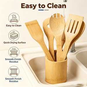 Ensemble d'ustensiles de cuisine <span class=keywords><strong>en</strong></span> bambou naturel avec support de rangement, spatule et cuillère <span class=keywords><strong>en</strong></span> <span class=keywords><strong>bois</strong></span> anti-rayures, <span class=keywords><strong>kit</strong></span> sûr pour toutes les poêles antiadhésives - Product Image 5
