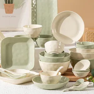 Microwave Oven Safe Porcelain Ceramic Tableware Under Glaze Green Dinnerware Set Plates For Restaurant Customized Crockery