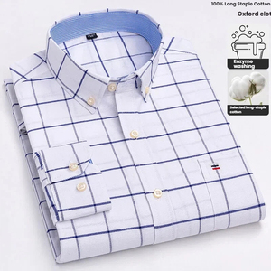 Camisa de Manga Larga <span class=keywords><strong>a</strong></span> Cuadros Clásica para Hombre, Gris, 100% Algodón, Transpirable, Casual, con Botones, para Oficina y Negocios - Product Image 3