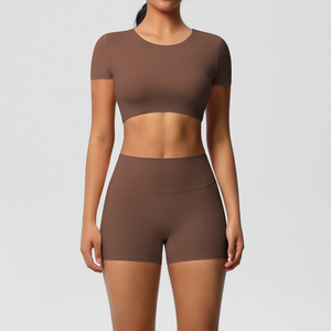 Vêtements d'entraînement personnalisés pour femmes ensembles de fitness de gymnastique haut court de Yoga sans couture et pantalon deux pièces brassière Pad Shorts grande taille costume de Yoga - Product Image 2