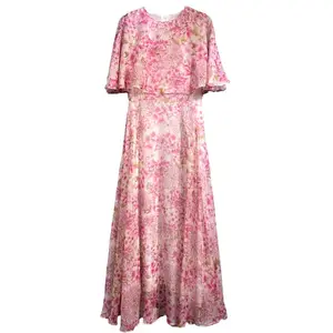 Cape Poncho Long Dress 2024 Summer Wedding Party Women Sweet Floral Prints High Waist Long Pink Dress High Quality Dress Maxi