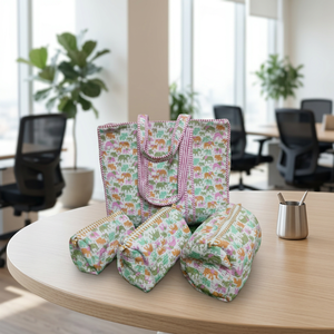 Sac fourre-tout en coton imprimé, ensemble de 3 trousses de maquillage à fermeture éclair assorties, sac de courses réutilisable écologique pour la plage, les voyages, les cosmétiques et le quotidien - Product Image 2